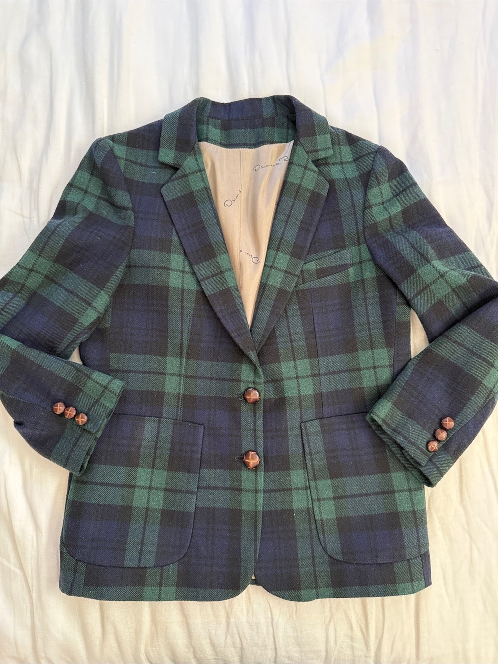 Oscar de la Renta Green and Navy Plaid Wool Blazer
